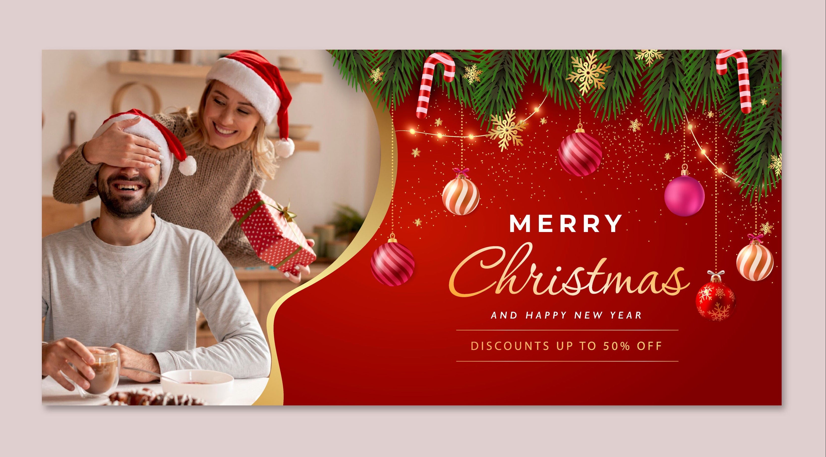 Promotional Christmas banner with a couple in Santa hats and festive decorations.